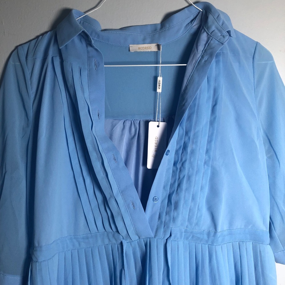 WLDRSD Pleated Shirt Dress Women S Blue Short Sleeve Pintuck Midi Button Front